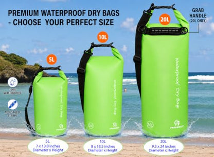 Freegrace Waterproof Dry Bag with Double Zip-Lock, Phone Case & Waist Pouch | 10L Green, Submersible 500D Drysack, Adjustable Crossbody Strap, Floating Gear For Kayaking, Boating, Beach, Swimming, Diving - color: Green, size: 10L, style: Without Window