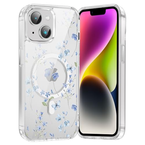 for iPhone 13/14 Magnetic Case Cute Clear Flower Pattern Case, Aesthetic Spring Floral for Girls Women, Soft TPU Clear Slim Anti-Drop Shockproof Protective Phone Cover - Blue Branch Flower - color: Blue Branch Flower, size: iPhone 13/14