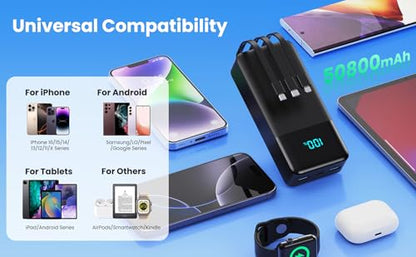 Portable Charger 50800mAh Power Bank with 3 Built in Cables,25W PD QC4.0 Fast Charging USB C Battery Pack,6 Outputs 2 Inputs Travel Essentials Portable Phone Charger for iPhone 18/17/16/15/Pro,Android - color: Black