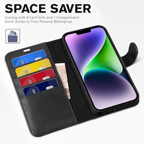 TUCCH Wallet Case for iPhone 14 (6.1") 2022, 4 Card Holders, Black | RFID Blocking, Viewing Stand, Shockproof TPU Shell, PU Leather, Magnetic Closure, Protective Folio Flip Cover - color: Black