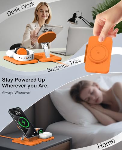 3 in 1 Magnetic Wireless Charger for Apple Multiple Devices, Foldable Fast Charging Station - Magsafe Charger Stand, Travel Charger Pad for iPhone 17 16 15 14 13 12 Series/Apple Watch/AirPods Orange - size: Orange
