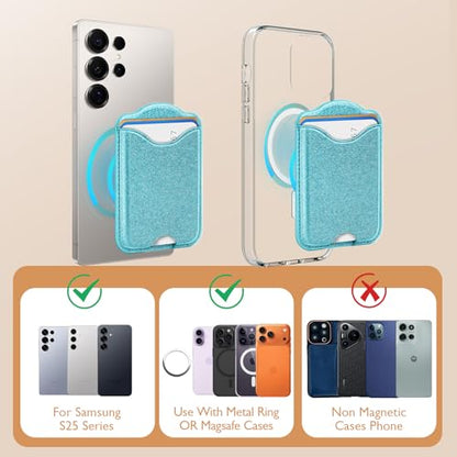 Fjcdslwx Compatible with Magsafe Wallet Magnetic Card Holder -Glitter Seablue Phone Wallet for Galaxy S25 Series,iPhone 17/16/15/14/13 Series for Women Teen Girls for Apple Mag RFID Magnet,Fit 3 Cards - color: Sea blue