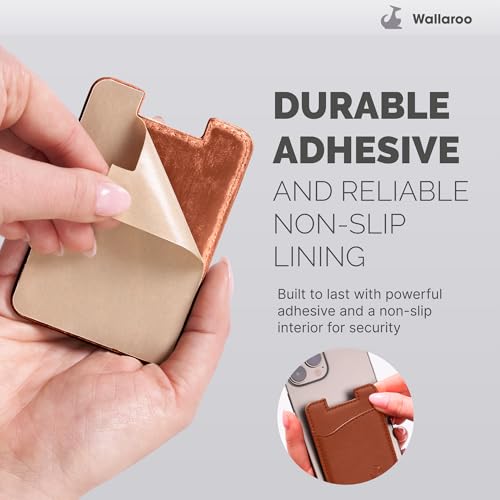Wallaroo Premium Leather Cell Phone Wallet Stick On - Android and iPhone Wallet and Card Holder for Women and Men - Durable with Non-Slip Lining Secures Up to 3 Cards - color: Brown Leather