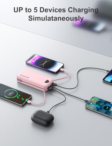 Portable Charger Power Bank 20000mAh with Built in Cables & Wall Plug - color: Pink