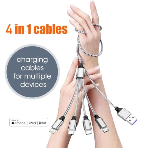 4 in 1 Multi Charging Cable 4ft 2 Pack,Braided MFi Certified Charger Cable - color: Silver White-4ft-2Pack
