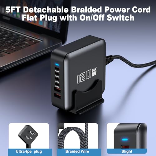 USB C Fast Charger Block, 120W 6-Port Charging Station Hub Adapter, USB C Wall Multi Charger Power Strip Plug with On/Off Switch for iPad iPhone 17 16 15 14 13 12 Pro Max Galaxy S23 (Black) - color: Black