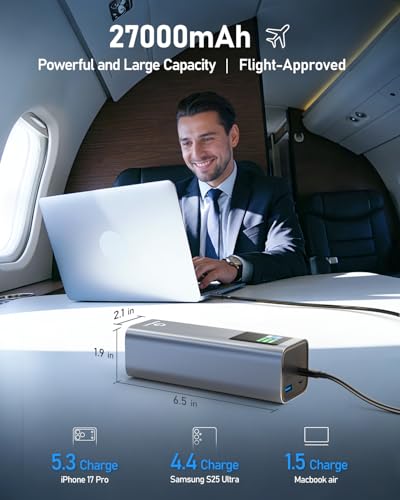27000mAh Power Bank, 140W Laptop Portable Charger with PD 3.1 Fast Charging, Smart Sisplay, 99Wh Battery Bank for MacBook Pro/Air, iPad Pro, iPhone17/16 Series, Samsung and More(Silver Gray) - color: Silver Gray-2.7w