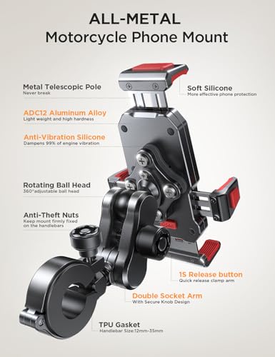 JOYROOM Aluminum Alloy Motorcycle Phone Mount with Vibration Dampener, Motorcycle Phone Holder for Harley Bike Bicycle Scooter ATV/UTV, Compatible with iPhone, Samsung, All Cell Phones