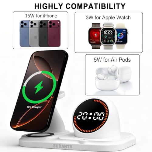 Wireless Charging Station with Clock,6-in-1 Charging Stand - color: White
