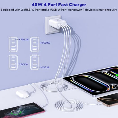 10FT iPhone 17 16 15 Pro Charger,2Pack 10Foot USB C to C Woven Cable Cord 40W USB C Apple Charger 4 Port PD&AC Charge Block Fast Charging for iPhone 17 Air/17 16 15 Pro Max/16e/16 Plus/15/15 Pro/iPad - size: 10FT