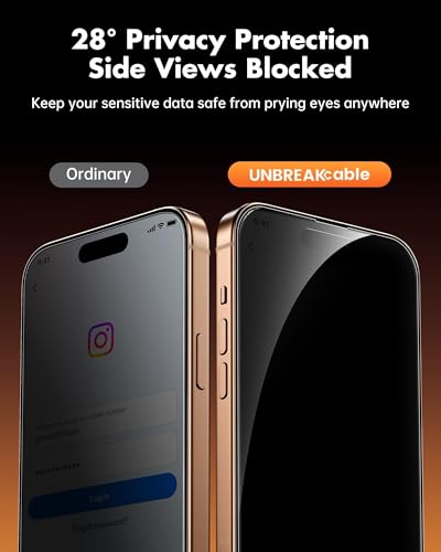UNBREAKcable 2PCS Screen Protector for iPhone 16 Pro Max - 1 Privacy Tempered Glass+1 Clear Glass Double Shatterproof [Installation Frame] [9H Hardness] [Case Friendly] Anti-Scratch iPhone 6.9 inch - size: iPhone 16 Pro Max