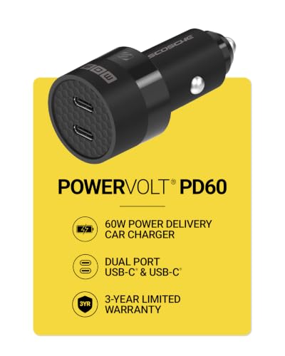 Scosche 60W USB-C Car Charger, 30W + 30W Dual Power Delivery Fast Charging, USB-C Car Charger Adapter for Charging Multiple Devices, Compatible with iPhone Air, iPhone 17/16/15, Galaxy S26/S25