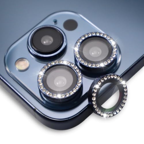 BONVAN for iPhone 15 Pro/Pro Max/14 Pro/ProMax Camera Lens Protector - Bling Glitter Diamond Metal Crystal Tempered Glass Screen Accessories Rhinestones Lens Cover (DK.Blue) - color: DK.Blue