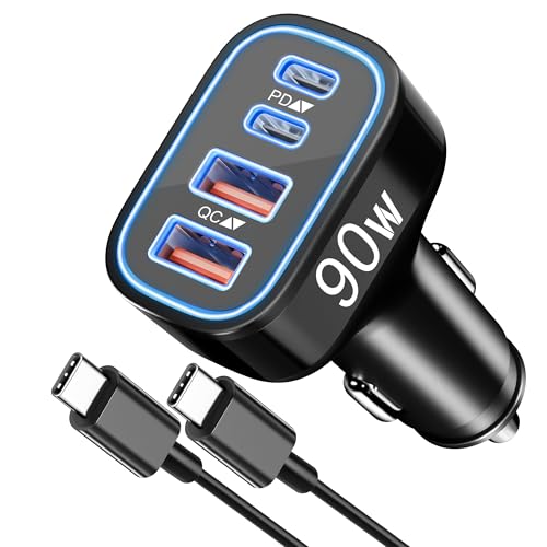 90W 4-Port USB C Super Fast Car Charger for Samsung Galaxy S26/S25/S24/S23 - color: Black
