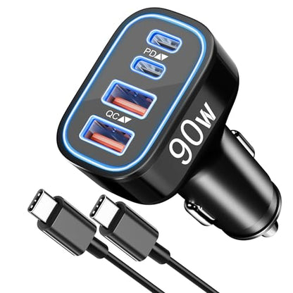 90W 4-Port USB C Super Fast Car Charger for Samsung Galaxy S26/S25/S24/S23 - color: Black