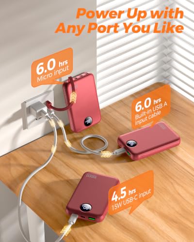 Portable Charger 10000mAh with 4 Built-in Cables 40% Smaller (Red) - color: Red