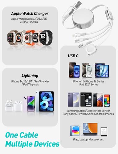 Retractable Apple Watch Charger - 100W 4 in 1 Retractable Charging Cable with USB-C, Lightning, Micro USB & Apple Watch Charger for iWatch/iPhone 17/16/15/14/13/12/Android/iPad/Tablet/Laptop, White