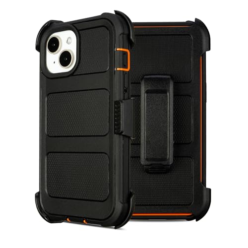 for Defender Case iPhone 13 Case with Belt Clip Holster Kickstand Black | Shockproof Rugged Phone Case iPhone13 Case Heavy Dutywith Dustproof Port Protective Cover for iPhone 13Case Outdoor Orange - color: Black+Orange