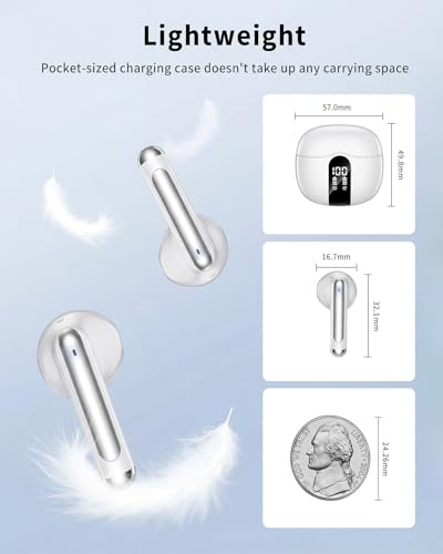 Wireless Earbuds, 2026 Bluetooth 5.4 Headphones Bass Stereo Ear Buds with Noise Cancelling Mic, LED Display in Ear Earphones 50H Playtime Ear Buds, IP7 Waterproof for Laptop Pad Phones Pure White