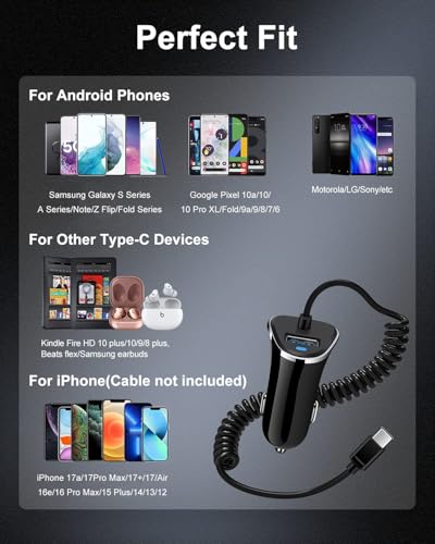 iPhone 18 17e USBC Car Charger with Built-in 3ft Coiled Cable Fast Charging - color: Black Coiled Charger