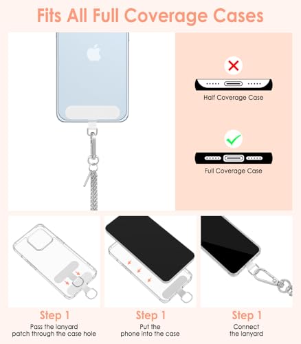 MoKo Universal Phone Lanyard, Metal Cell Phone Chain Crossbody Strap Anti-Theft Detachable Women Cellphone Lanyards Around The Neck with Patches for iPhone, Most Smartphones, Pale Silver - color: Pale Silver