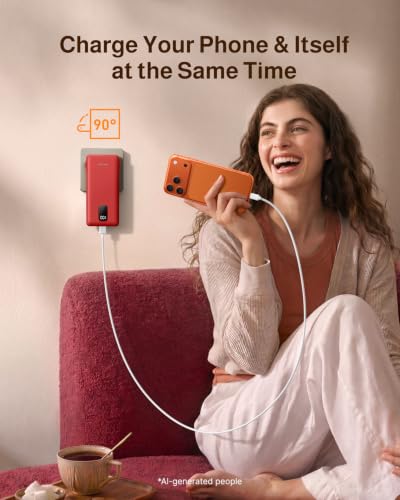 charmast 10000mAh Portable Charger with Built-in Cables and AC Wall Plug - color: Red