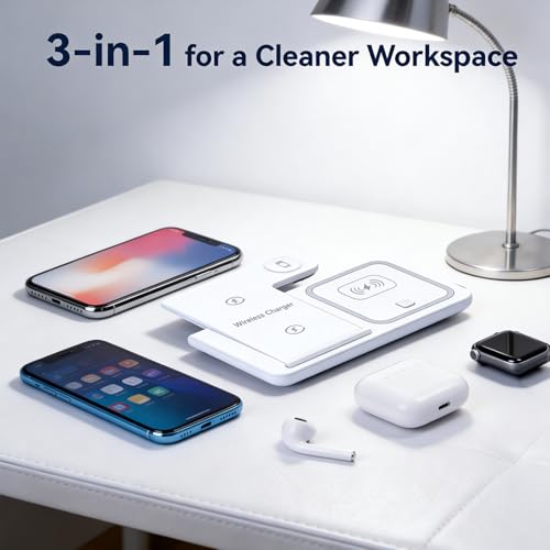 3 in 1 Portable Wireless Fast Charger for Apple & Android, Wireless Charging Station for iPhone17 16 15 14 13 12, Apple Watch & Air pods 4 3 2 Pro, Samsung Galaxy, White - color: White