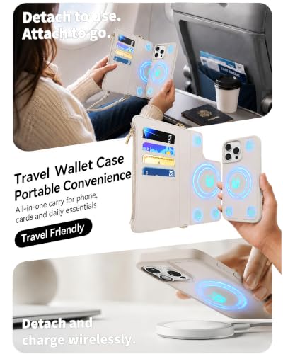 for iPhone 16 Pro Max 2-in-1 Magnetic Crossbody Wallet Case + Wrist Strap | Wireless Charging After Wallet Removal, Detachable Crossbody/Wrist Straps, Landscape Stand, Card Holder and Zipper Pocket - color: Cream apricot, size: iPhone 16 Pro Max