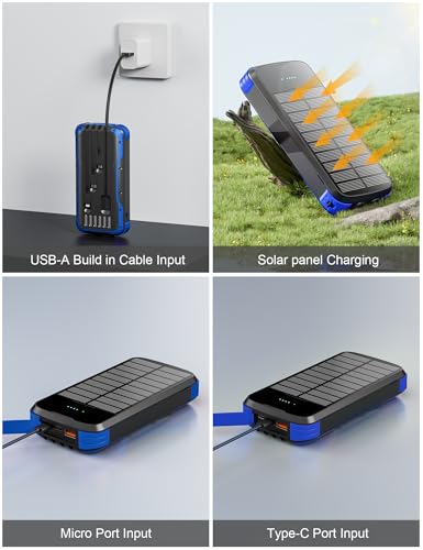 MINRISE Solar Power Bank 40000mAh, Portable Charger PD 20W Fast Charging - color: Blue
