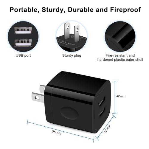 Black USB Wall Adapter, Charging Block, Dual Port 2.1A Fast Wall Charger