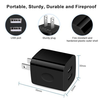 Black USB Wall Adapter, Charging Block, Dual Port 2.1A Fast Wall Charger