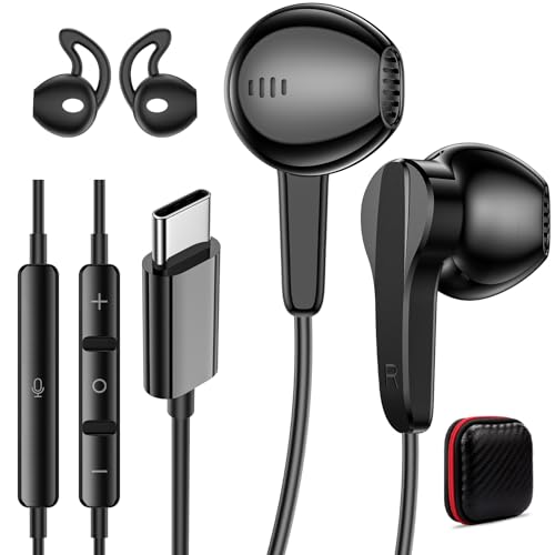 Wired Headphones USB C Earbuds Digital Sound Earphone with DAC Chip and Mic - color: Black
