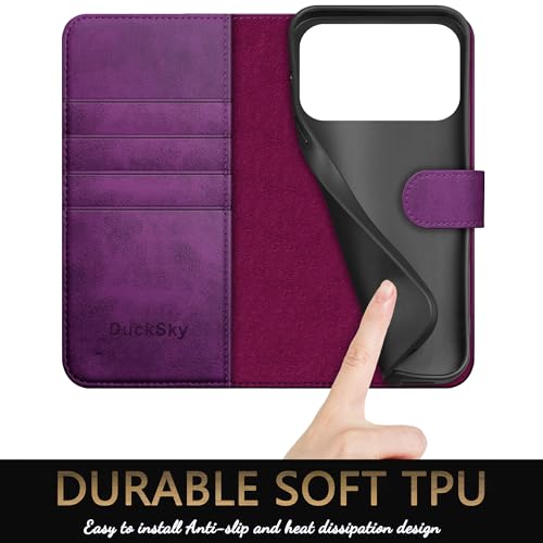DuckSky Compatible with iPhone 17 Pro Max 6.9" Genuine Leather Wallet case【RFID Blocking】【4 Credit Card Holder】【Real Leather】 Flip Phone case Cover Women Men for Apple 17 Pro Max case Purple - color: Purple