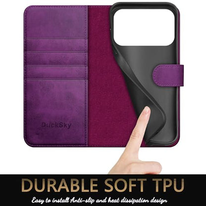 DuckSky Compatible with iPhone 17 Pro Max 6.9" Genuine Leather Wallet case【RFID Blocking】【4 Credit Card Holder】【Real Leather】 Flip Phone case Cover Women Men for Apple 17 Pro Max case Purple - color: Purple