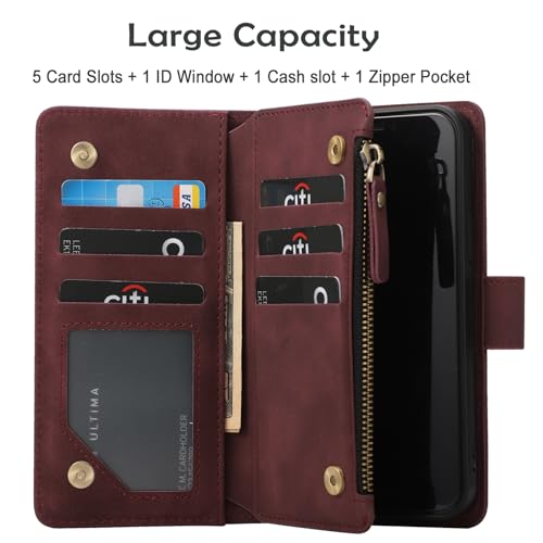 RANYOK Wallet Case for iPhone 15 (6.1 inch) with RFID Blocking Credit Card Holder, Premium PU Leather [Zipper Pocket] Flip Folio Case Wallet with Wrist Strap Kickstand Protective (Wine Red) - color: Wine Red