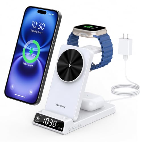 3 in 1 Charging Station for Apple, Travel Wireless Charger with Clock - color: white