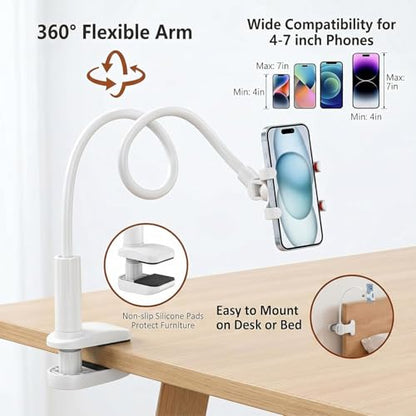 Gooseneck Phone Holder, 27.5" Flexible Phone Holder for Bed Desk, 360° Rotation Cell Phones Stand with Clamp, Heavy Duty Bracket for Bedside Living Room/White - color: White