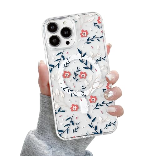 QLTYPRI Magnetic for iPhone 13 Pro Case Compatible with Magsafe, Cute Floral Flower Aesthetic Phone Case Slim Clear Anti-Yellowing Shockproof Phone Cover for Girls Women - Orange - color: Orange, size: iPhone 13 Pro