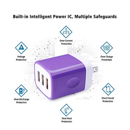 3 Port USB Wall Charger - Multi-Port USB Plug, 5V 3.1A Compatible with iPhone 14/13/12/11/Xs/XR/8/7/6S, Samsung Galaxy S23/S22/S21/A14/A13/Note 20, LG V20/V30/V35 THINQ Q7 - color: Purple