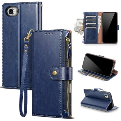 Compatible with iPhone 17e / 16e Wallet Case with Card Holder RFID Blocking Zipper Poket PU Leather Flip Phone Case with Wrist Strap Credit Card Slots Men Women,Blue - color: Blue