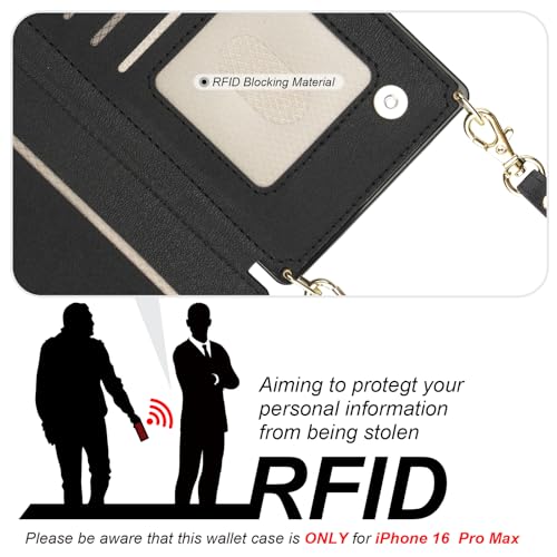 Bocasal Crossbody Wallet Case with Strap for iPhone 16 Pro Max, Black | RFID Blocking Card Slot Holder, Magnetic Flip Folio Purse Case, PU Leather Zipper Handbag Detachable Lanyard Strap 6.9 Inch - color: Black