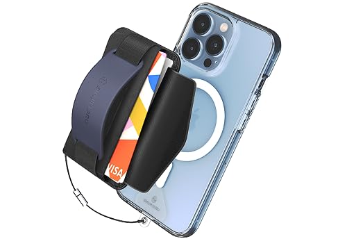 Sinjimoru 3 in 1 Magnetic Card Holder, Magnetic Wallet for MagSafe as Cell Phone Wallet Stick On with Phone Grip Holder & Mobile Phone Kickstand iPhone 12 13 & iPhone 14 Series. M-BGrip Navy | M-BGRIP, fits iPhone 16-12, 2600g magnetic strength, 2-3 cards