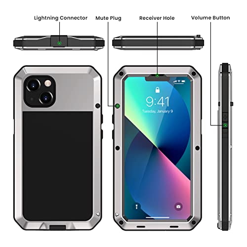 Lanhiem for iPhone 13 Metal Case, Heavy Duty Shockproof Tough Rugged Case with Built-in Glass Screen Protector, 360 Full Body Protective Cover for iPhone 13 6.1 inch, Silver - color: Silver