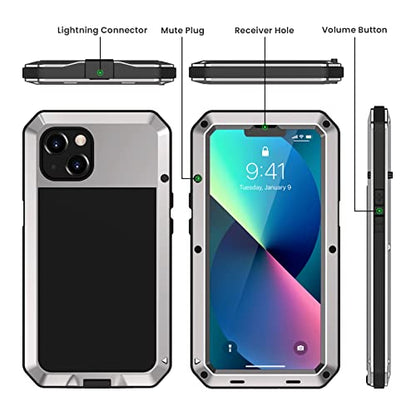 Lanhiem for iPhone 13 Metal Case, Heavy Duty Shockproof Tough Rugged Case with Built-in Glass Screen Protector, 360 Full Body Protective Cover for iPhone 13 6.1 inch, Silver - color: Silver
