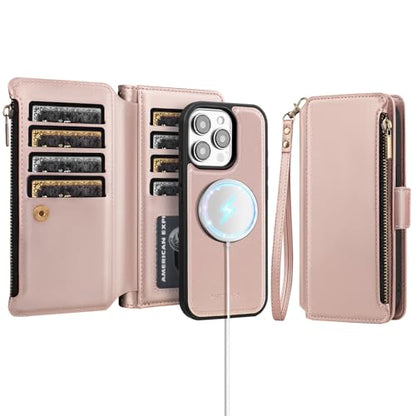 Antsturdy Compatible with MagSafe iPhone 13 Pro Wallet Case,Rose Gold | Detachable Magnetic Credit Card Holder,RFID Blocking,PU Leather Zipper Purse,Wrist Strap Kickstand,Flip Phone Cover for Women - color: (Detachable with Magsafe)-Rose Gold