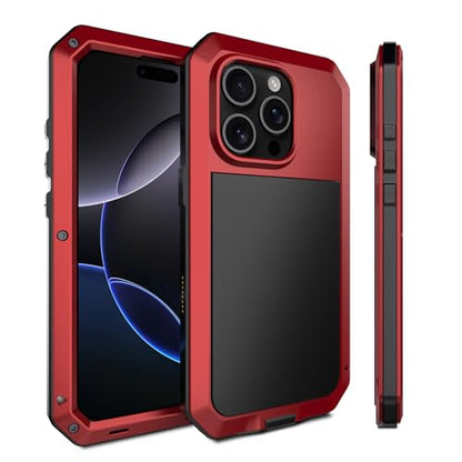 for iPhone 16 Pro Max Metal Case 6.9",Heavy Duty Shockproof Aluminum Alloy Tough Armour Military Phone Case,360 Full Body Protective Cover with Silicone Built-in Screen Protector - Red - color: Red