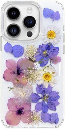 Abbery for iPhone 15 Pro Case Clear with Purple Pressed Flower Design Cute Soft TPU Real Dried Floral Daisy Aesthetic Protective Shockproof Women Girl's Phone Cover for iPhone 15pro(Purple Flower) - color: Purple Flower, size: for iPhone 15 Pro