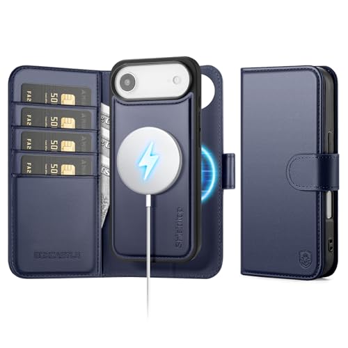Magnetic 2 in 1 Detachable Compatible with Magsafe iPhone Air Genuine Wallet Case with Card Holder,Women Men Real Leather Flip RFID Blocking Credit Card Slots Stand Phone Cover,Dark Blue - color: Dark Blue, size: iPhone Air - 6.5"