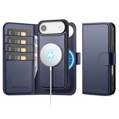 Magnetic 2 in 1 Detachable Compatible with Magsafe iPhone Air Genuine Wallet Case with Card Holder,Women Men Real Leather Flip RFID Blocking Credit Card Slots Stand Phone Cover,Dark Blue - color: Dark Blue, size: iPhone Air - 6.5"