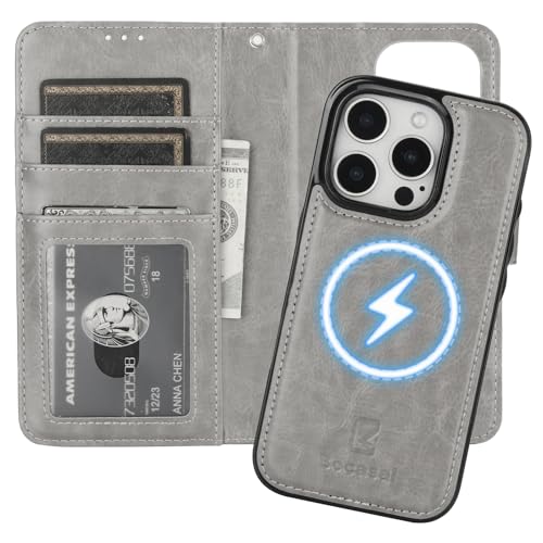 Bocasal for MagSafe Wallet Case Card Holder for iPhone 16 Pro, Grey | RFID Blocking Kickstand Magnetic PU Leather Case with Card Slots Holder for Wireless Charging Detachable Wrist Strap 6.3 Inch - color: Gray for MagSafe